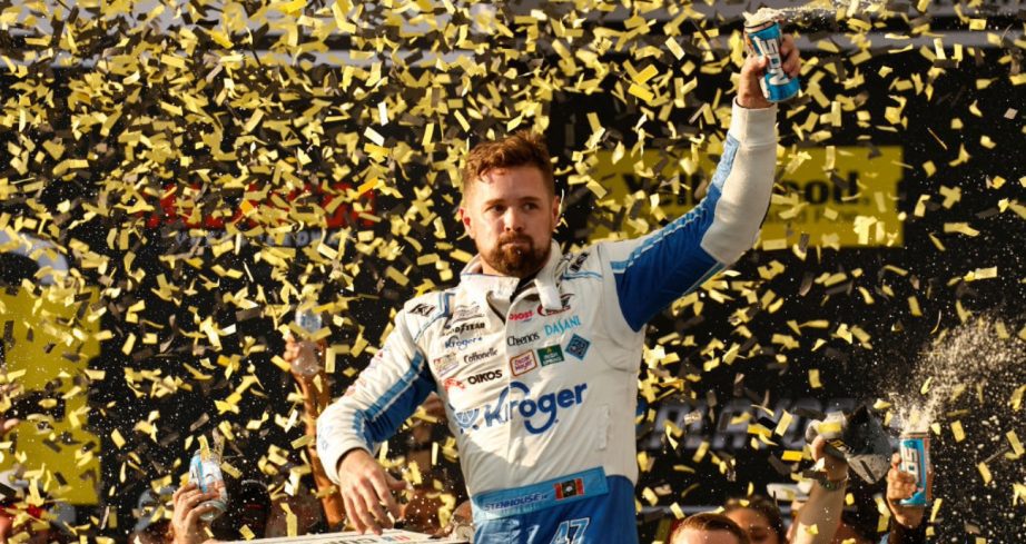 Ricky Stenhouse Jr. celebrates in Victory Lane at Talladega.