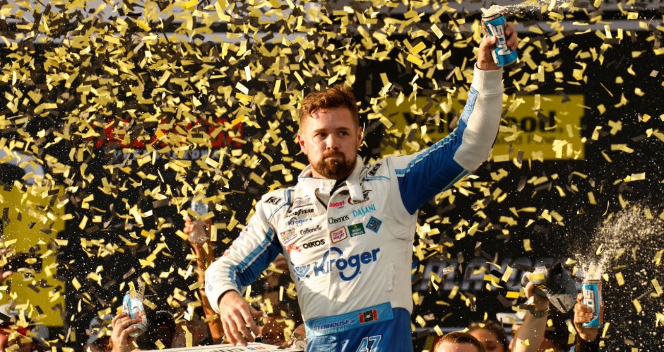 Ricky Stenhouse Jr. celebrates in Victory Lane at Talladega.