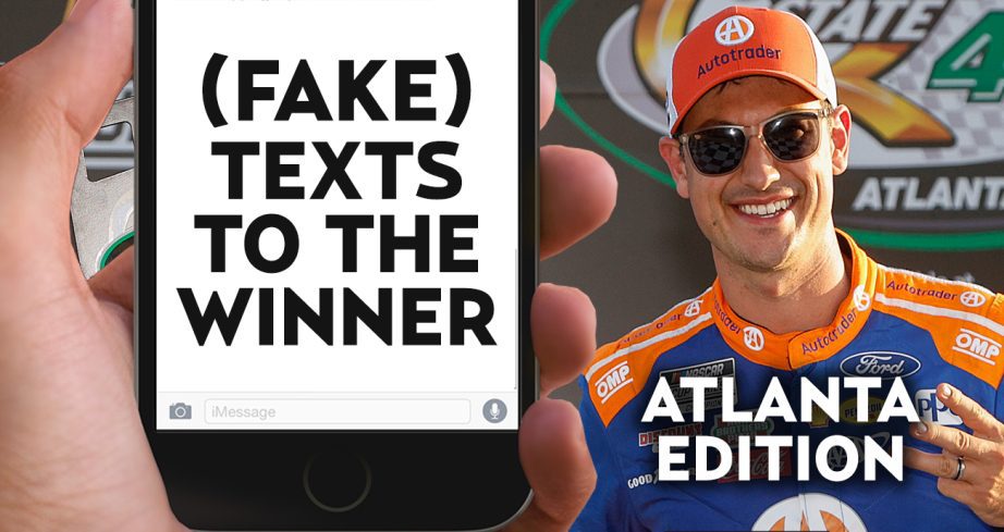 A general photo of Joey Logano posing in Victory Lane with a phone graphic placed in front of him.