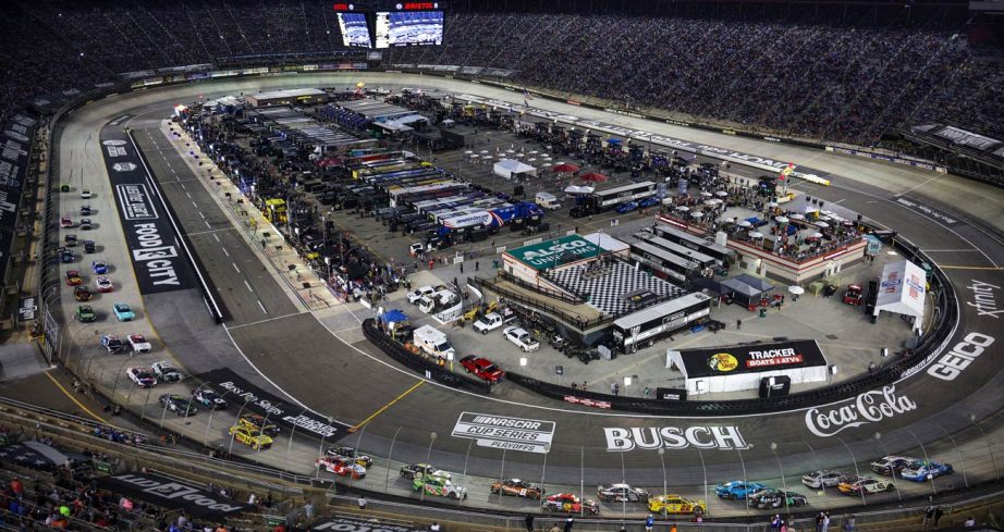A general view of Bristol Motor Speedway as NASCAR Cup Series cars race around the track.