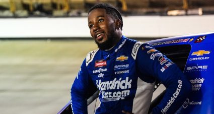 Rajah Caruth stands with hands on hips after a NASCAR Craftsman Truck Series race at Bristol.