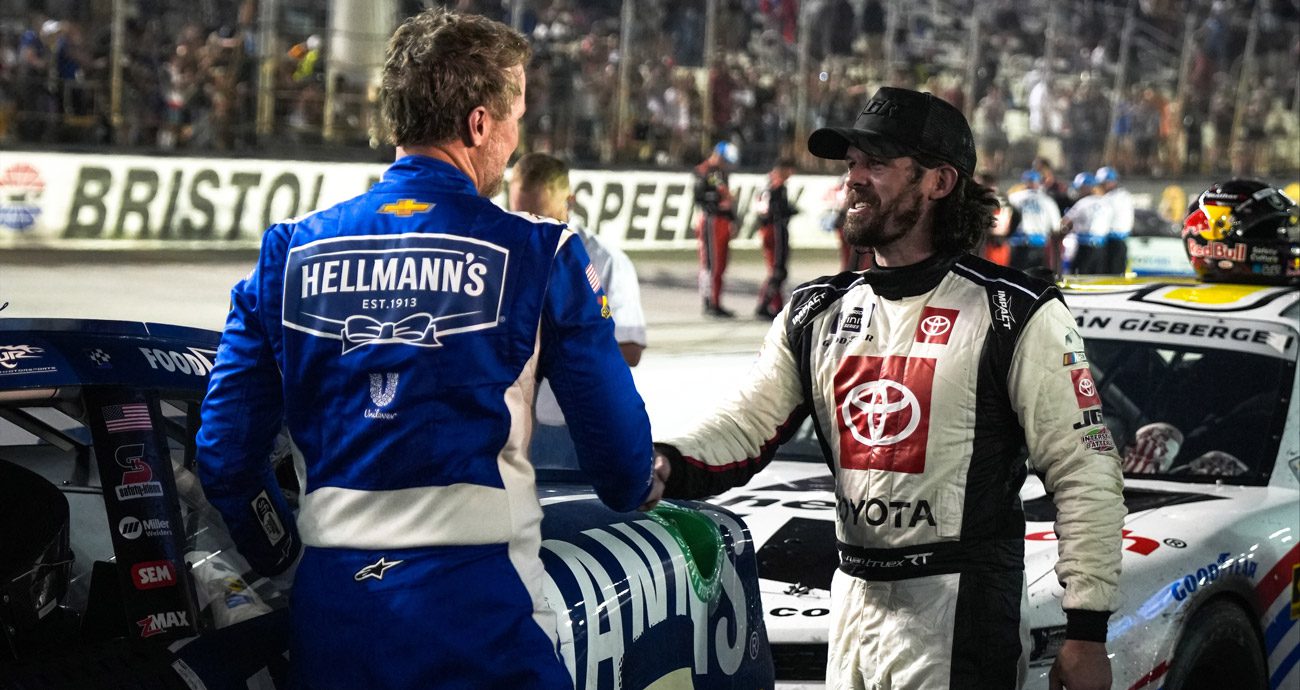 Dale Earnhardt Jr. and Ryan Truex shake hands after a NASCAR Xfinity Series race at Bristol.
