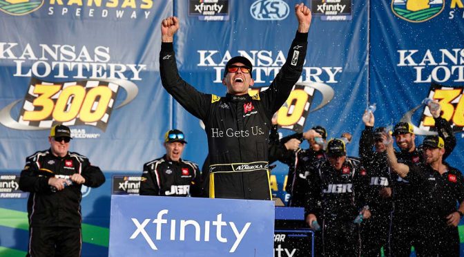 Featured Image for Aric Almirola plays spoiler, wins Xfinity Playoffs opener at Kansas