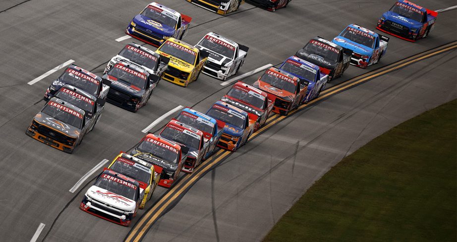 General view of Truck Series racing at Talladega.