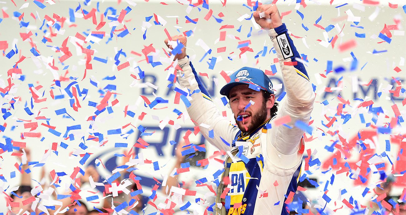 Chase Elliott celebrates as confetti falls in Victory Lane.
