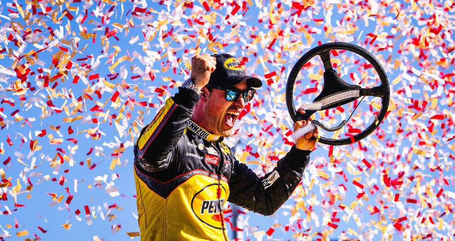 Joey Logano celebrates after winning a NASCAR Cup Series race at Las Vegas.