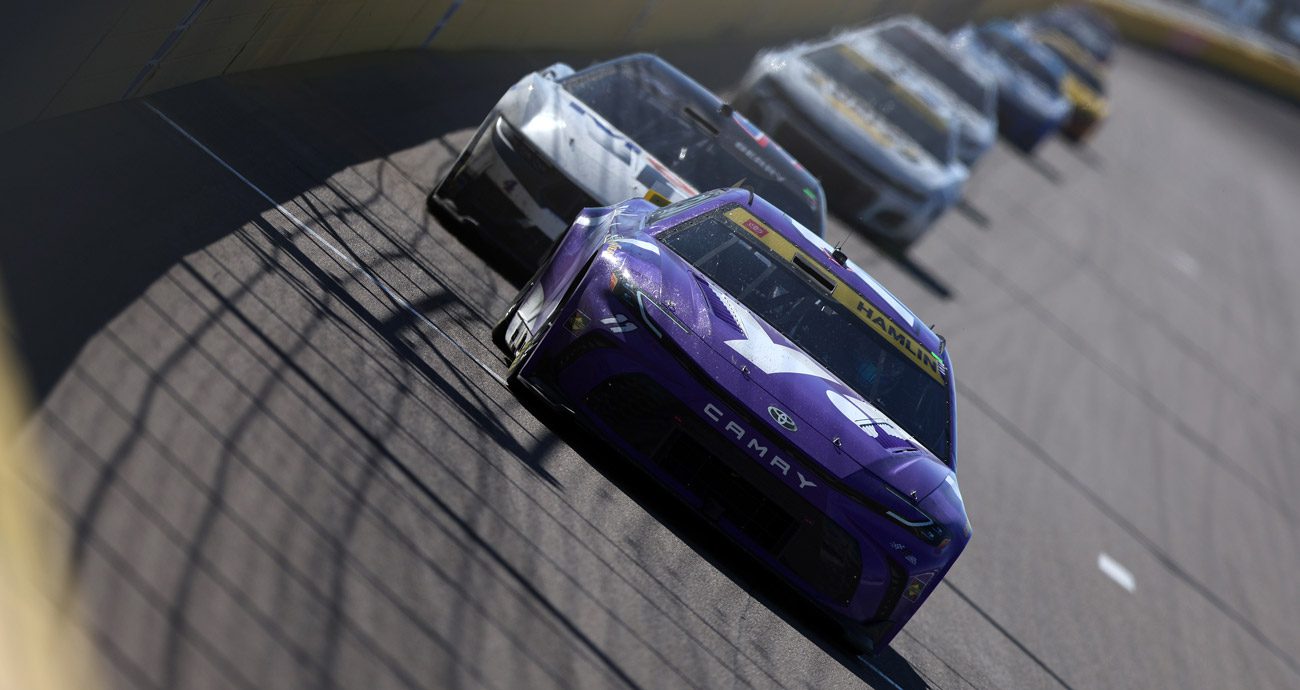 Denny Hamlin drives in a NASCAR Cup Series race at Las Vegas.