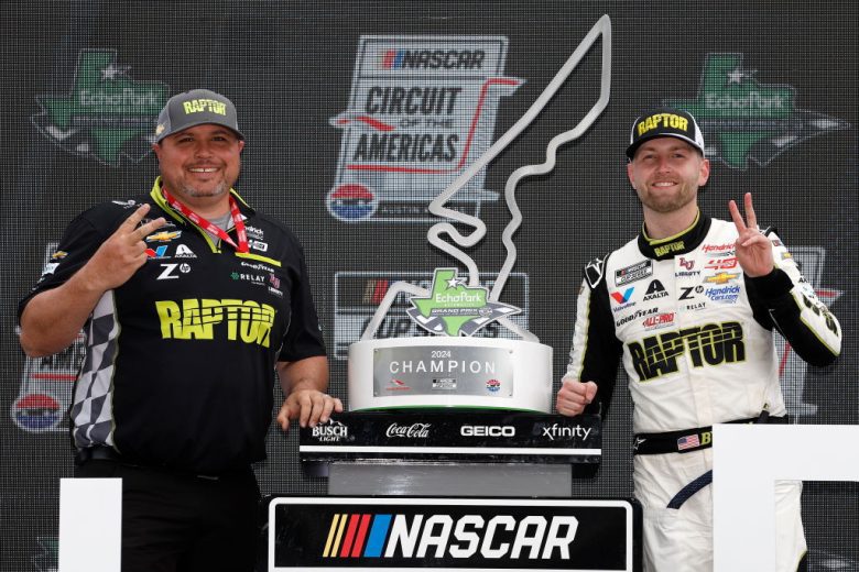 Rudy Fugle (L) poses for a photo in Victory Lane next to William Byron (R) at Circuit of The Americas.