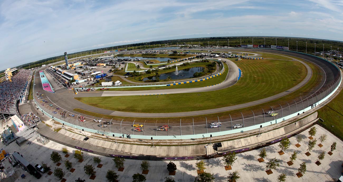 A general view of Homestead-Miami Speedway as NASCAR Cup Series cars race around the track.