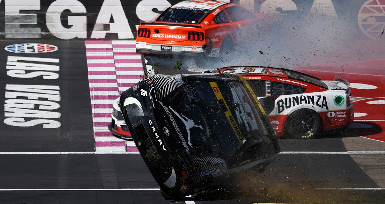 Tyler Reddick's No. 45 Toyota flips at Las Vegas Motor Speedway.