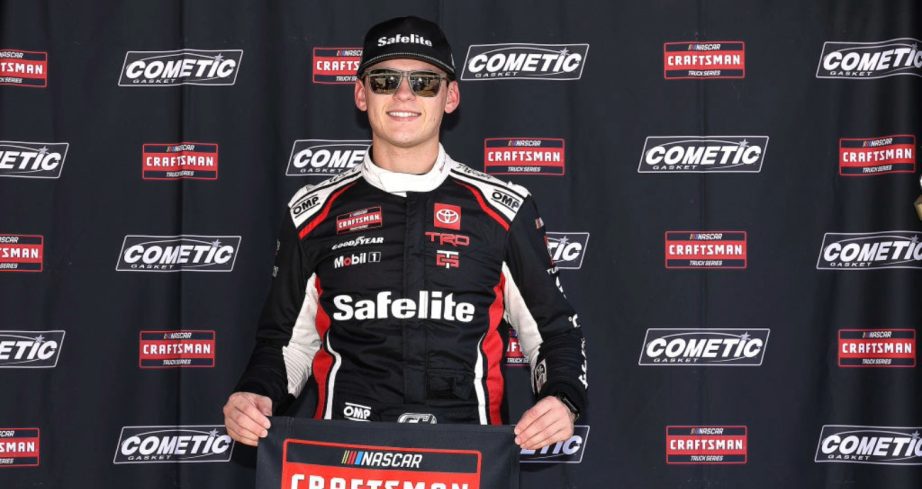 Corey Heim celebrates after winning the pole at Homestead-Miami.