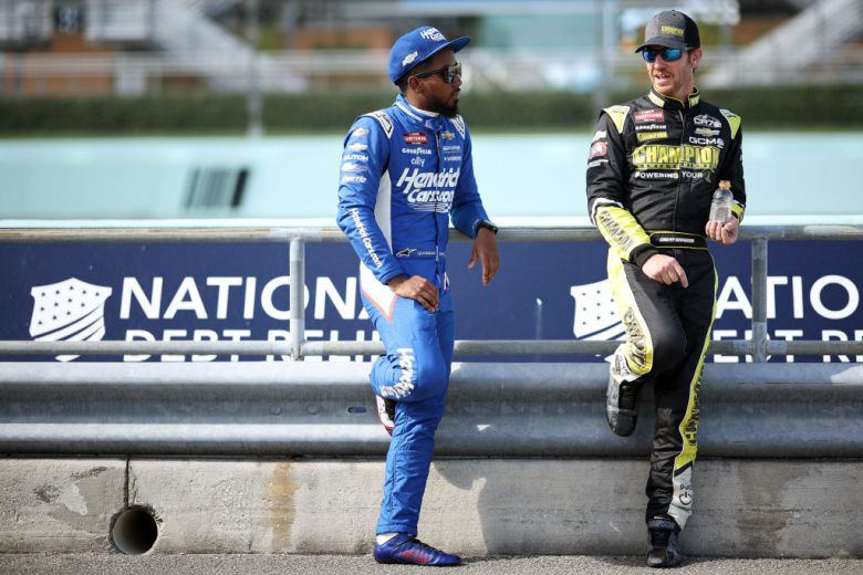 Rajah Caruth and Grant Enfinger chat at Homestead-Miami.