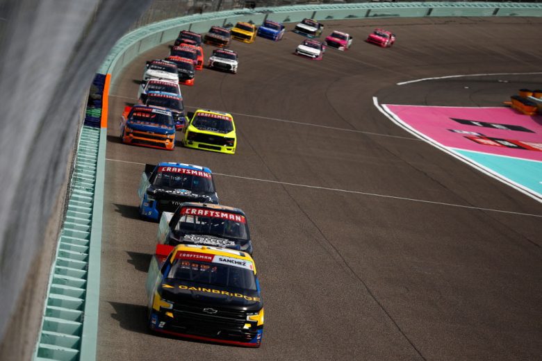 NASCAR Craftsman Truck Series trucks race at Homestead-Miami Speedway.