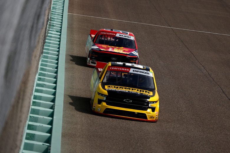 Grant Enfinger, in the No. 9 Chevy, races ahead of Ty Majeski at Homestead-Miami Speedway.