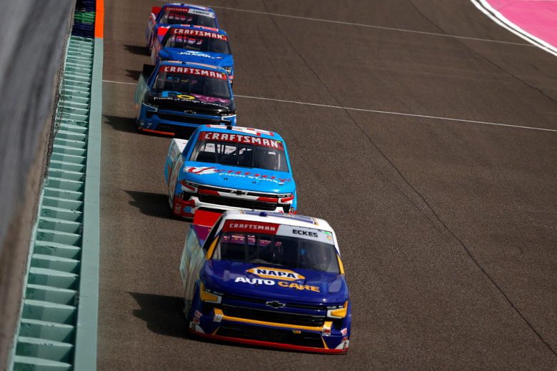 Christian Eckes, in the No. 19 Chevrolet, leads a pack of NASCAR Craftsman Truck Series trucks at Homestead-Miami Speedway.