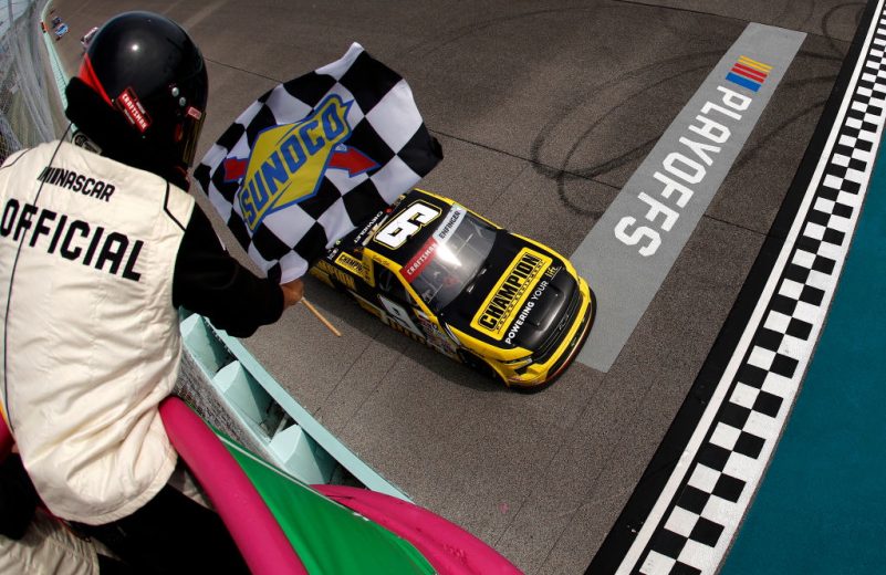 Grant Enfinger's No. 9 Chevrolet crosses the start/finish line at Homestead-Miami Speedway.