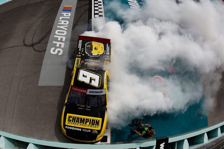 Grant Enfinger's No. 9 Chevrolet does a celebratory burnout at Homestead-Miami Speedway.
