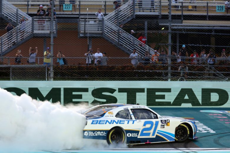 Austin Hill does a burnout at Homestead-Miami.