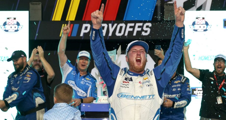 Austin Hill celebrates in Victory Lane at Homestead-Miami.