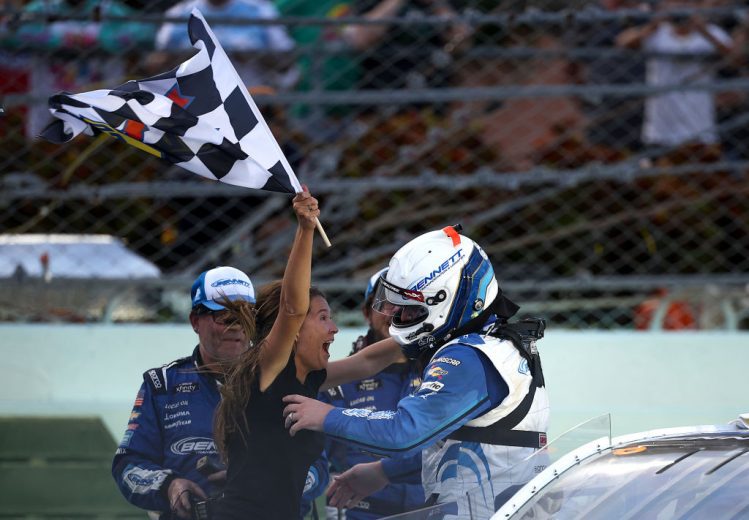 Austin Hill celebrates with his wife after winning at Homestead-Miami.