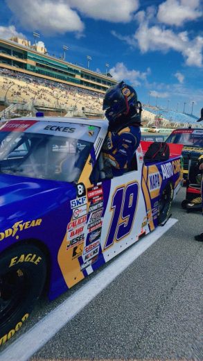 Christian Eckes enters his No. 19 Chevrolet.