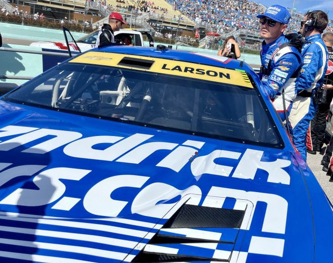 A general view of the No. 5 Hendrick Motorsports Chevrolet's hood as Kyle Larson enters the vehicle.