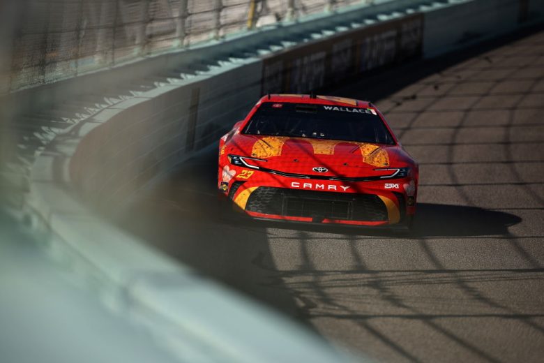 Bubba Wallace, in the No. 23 Toyota, races the high line at Homestead-Miami Speedway.