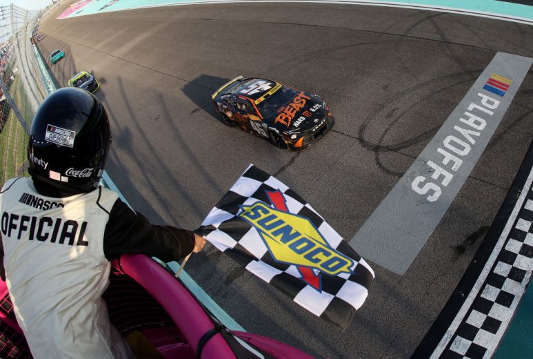 Tyler Reddick's No. 45 Toyota crosses the start/finish line.