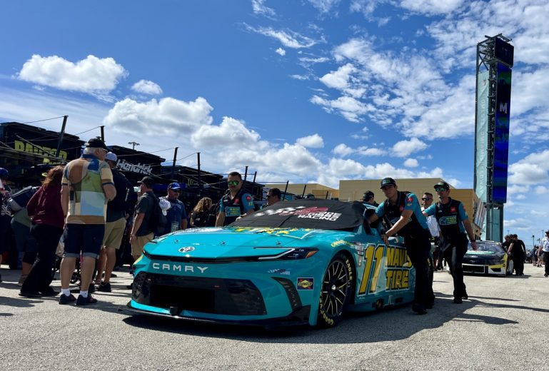 Denny Hamlin's No. 11 Toyota is pushed to the grid at Homestead-Miami Speedway.