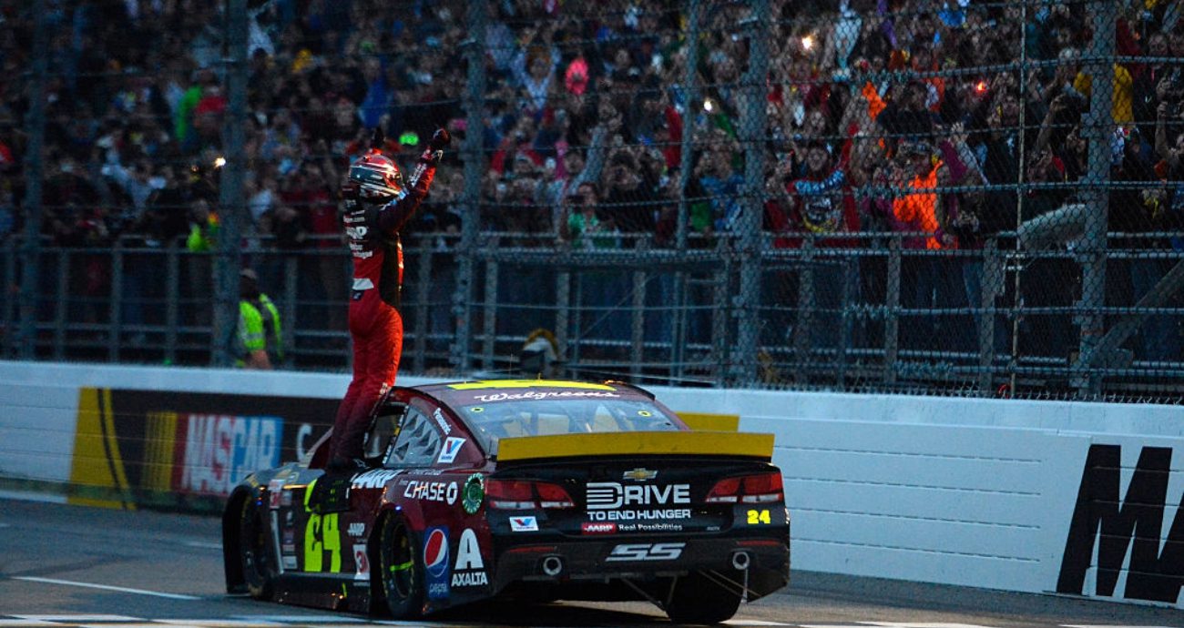 Jeff Gordon celebrates after winning at Martinsville.