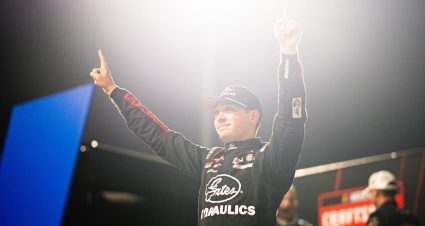 Christian Eckes celebrates a NASCAR Craftsman Truck Series win at Martinsville.