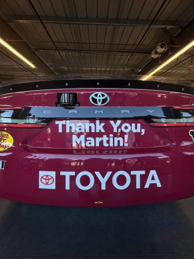 a detailed look at the rear bumper decal on truex's car