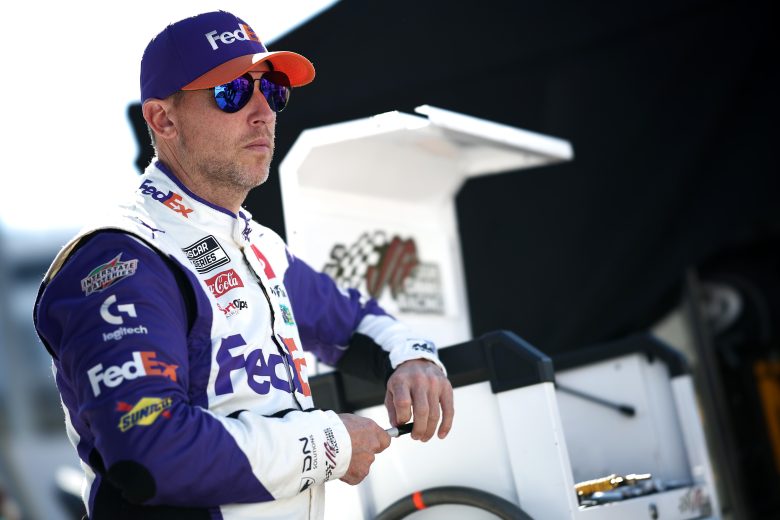 Denny Hamlin looks on from his pit box at Martinsville.