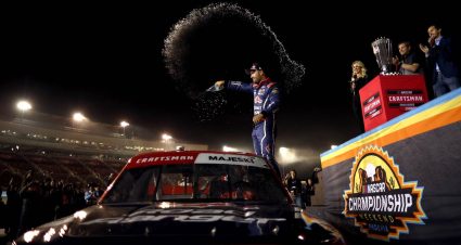 Ty Majeski celebrates in Victory Lane atop his No. 98 Ford following his NASCAR Craftsman Truck Series Championship win at Phoenix Raceway.