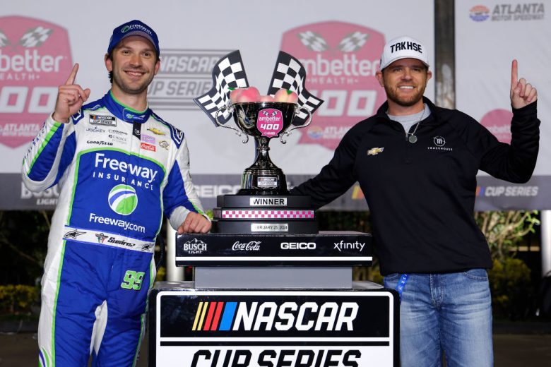 Daniel Suárez and Justin Marks celebrate in Victory Lane at Atlanta.