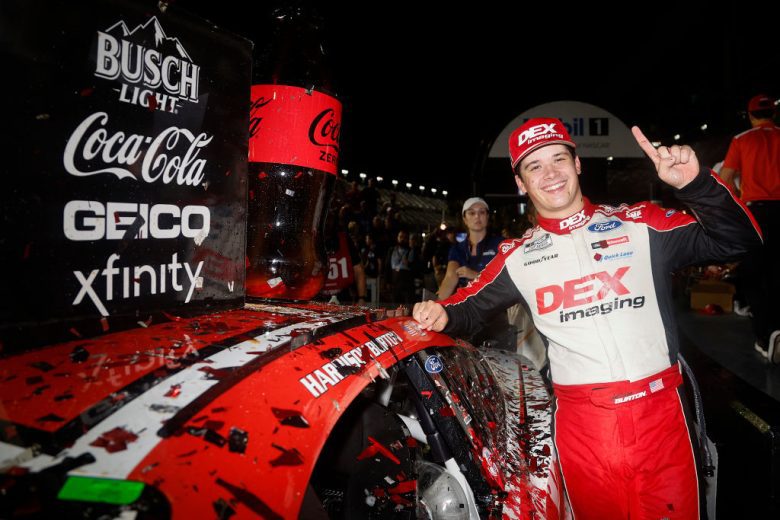 Harrison Burton celebrates after winning at Daytona.