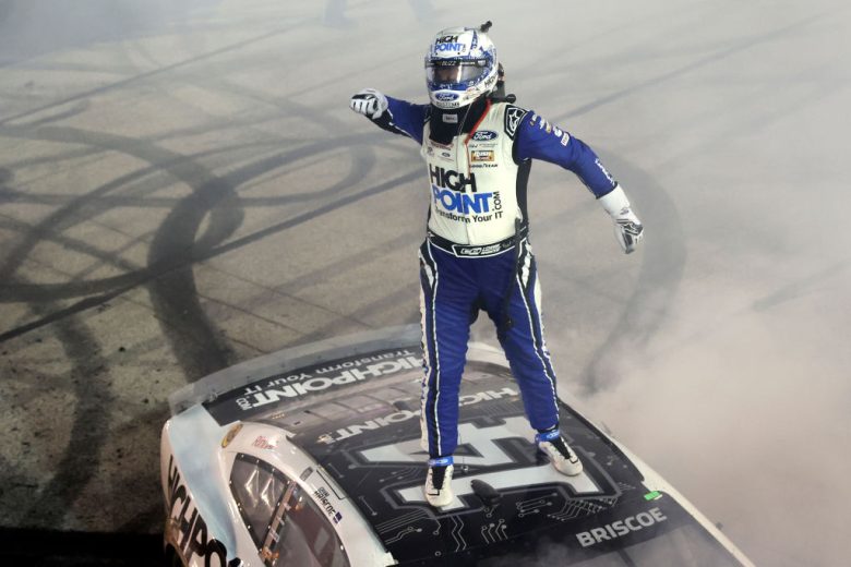 Chase Briscoe celebrates after winning at Darlington.