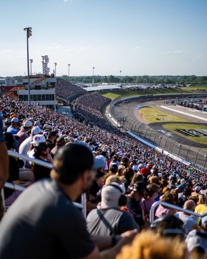 Fans watch on from packed grandstands at Iowa Speedway.