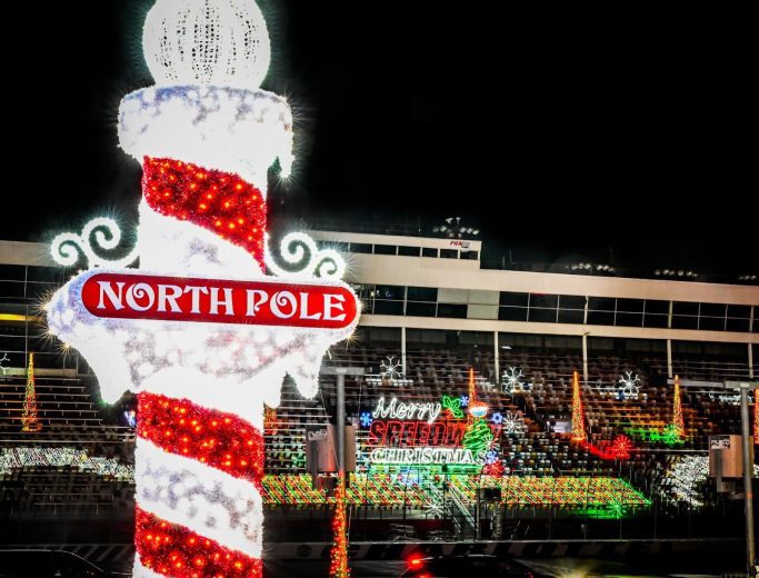 View of holiday lights on display at Charlotte Motor Speedway.