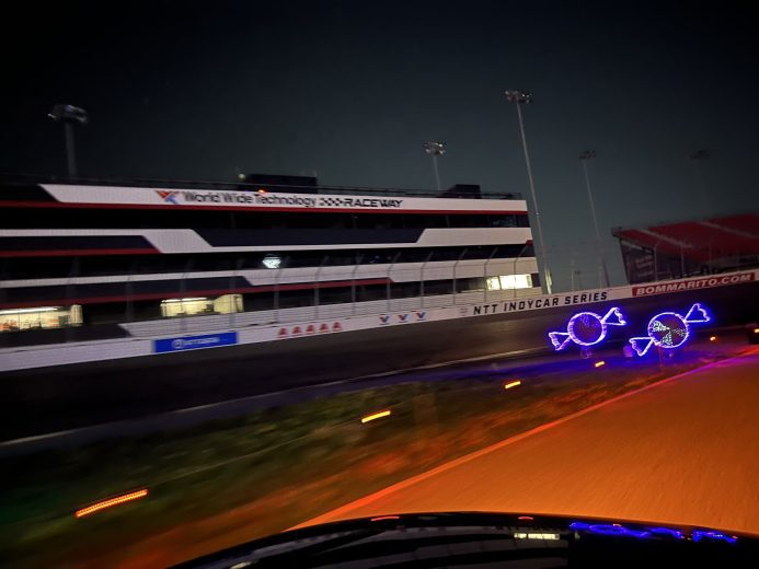 View of holiday lights on display at World Wide Technology Raceway.