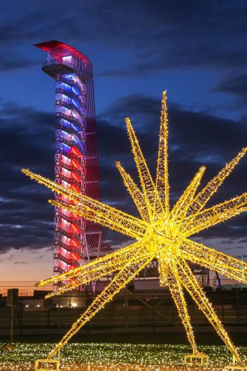 View of holiday lights on display at Circuit of The Americas.