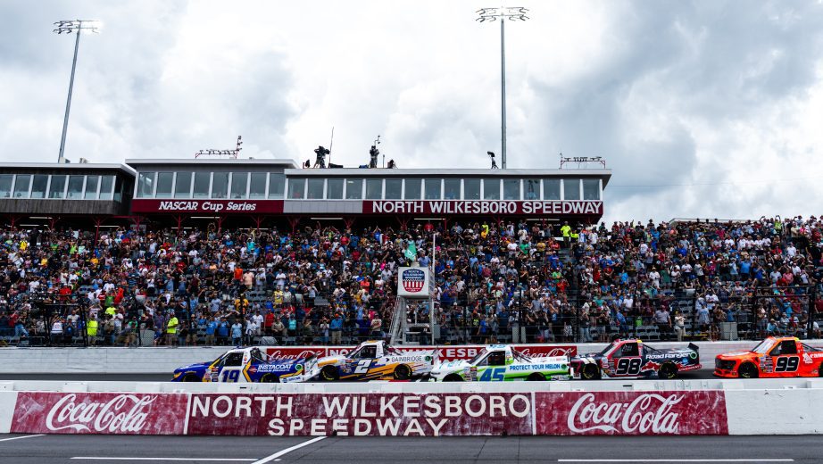 A general view of the North Wilkesboro grandstands as NASCAR Craftsman Truck Series trucks race on the frontstretch.