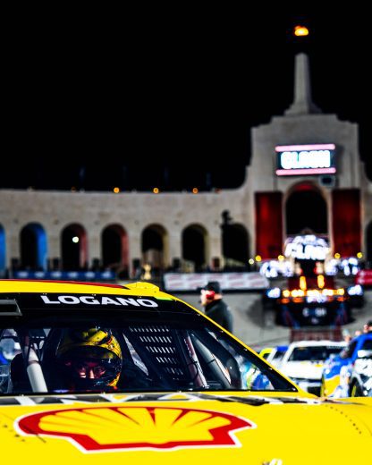 Joey Logano looks on while inside his No. 22 Team Penske Ford at Los Angeles Memorial Coliseum.