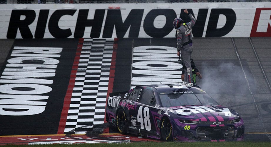Alex Bowman celebrates after winning at Richmond.