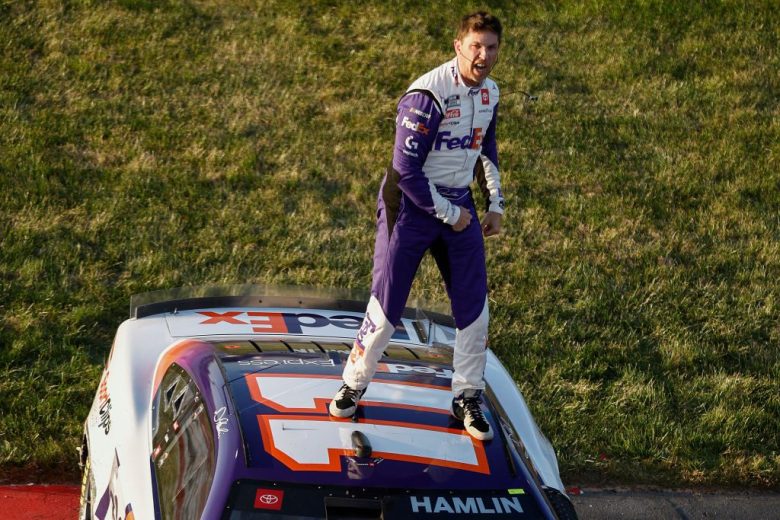 Denny Hamlin celebrates after winning at Richmond.