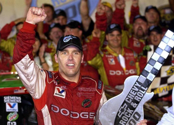 Jeremy Mayfield celebrates in Victory Lane at Richmond.