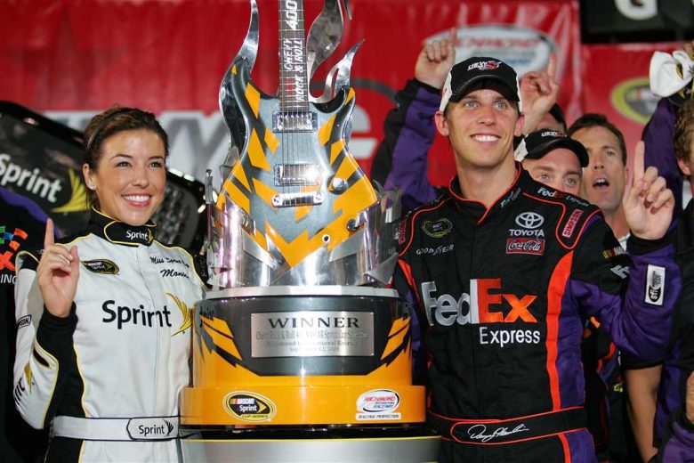 Denny Hamlin celebrates in Victory Lane after winning at Richmond.