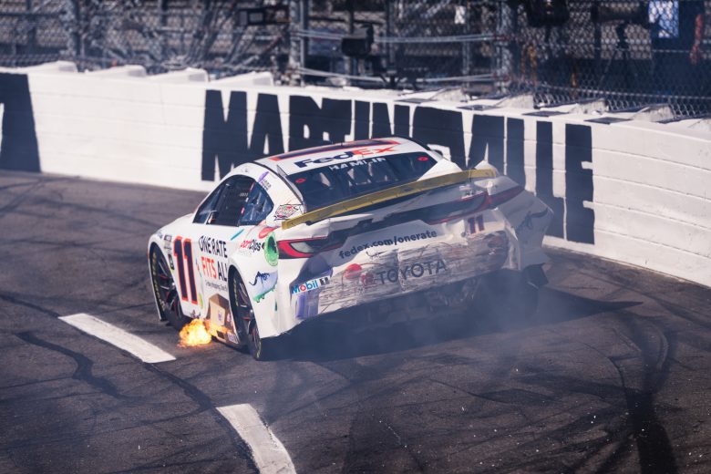 Denny Hamlin's No. 11 Toyota suffers damage at Martinsville Speedway.