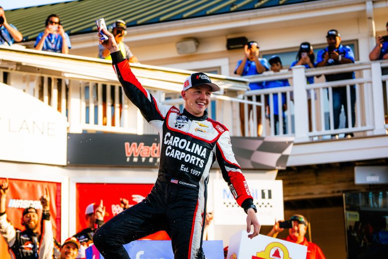 Connor Zilisch celebrates in Victory Lane following his NASCAR Xfinity Series win at Watkins Glen International.