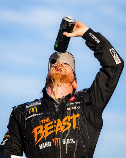 Tyler Reddick pours a Monster drink on himself following a NASCAR Cup Series victory at Homestead-Miami Speedway.